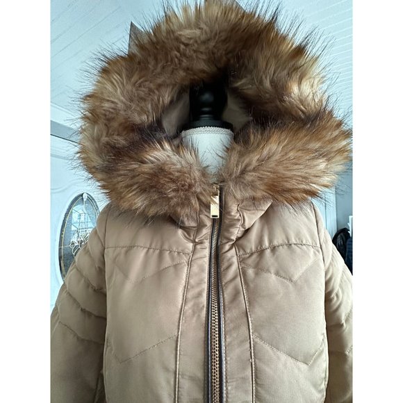 Zara‎ Basic Worn once down feather blend fur hood trim coat beige caramel size S - Picture 13 of 14